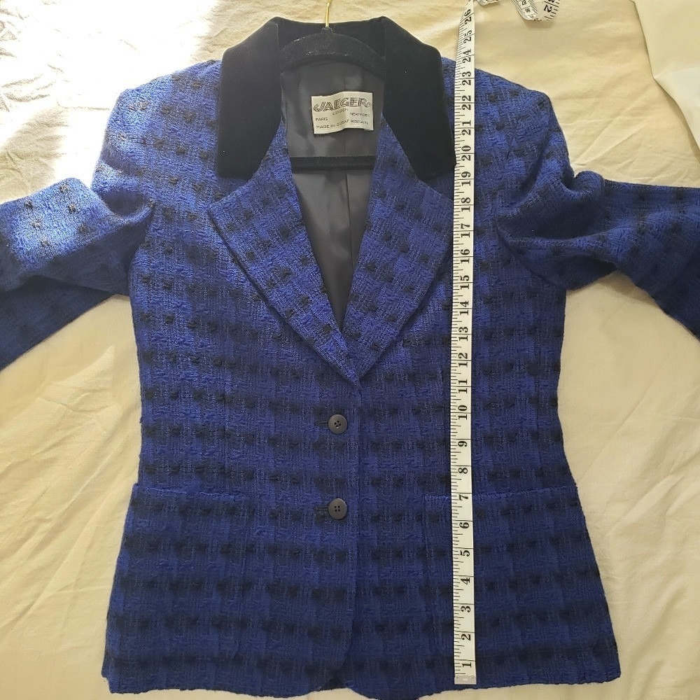 Jaeger London Blazer Jacket Blue Black Patterned Velvet Trim Cobalt - Picture 13 of 13